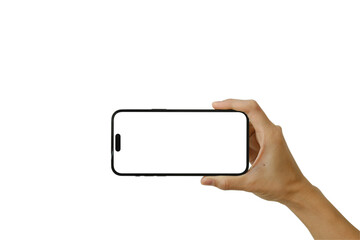 Hand-holding the smartphone mockup in a vertical posture with a clear screen including clipping...