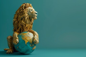 A lion is sitting on top of a globe - obrazy, fototapety, plakaty