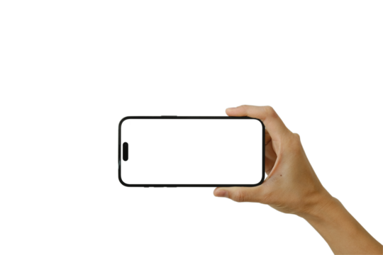 Hand-holding the smartphone mockup in a vertical posture with a clear screen including clipping path and modern frameless design for advertisement.