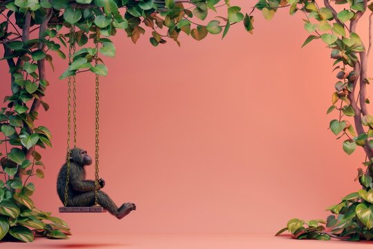 A monkey is swinging on a rope in a tree