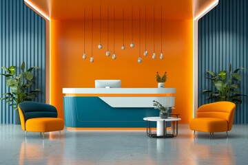 A modern office space with a blue and orange wall and a white desk
