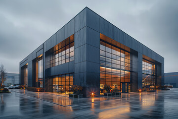 Fototapeta na wymiar A large modern factory building with dark grey metal cladding and glass windows. The exterior is illuminated by warm light from the interior. Created with Ai