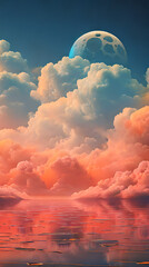 Orange Color cloud sky landscape in digital art style with moon wallpaper - obrazy, fototapety, plakaty
