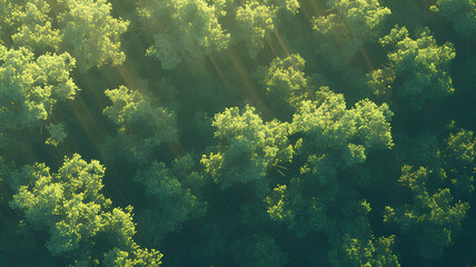 top view of forest, daytime sunlight, anime style background - obrazy, fototapety, plakaty