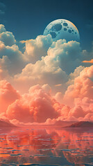 Orange Color cloud sky landscape in digital art style with moon wallpaper - obrazy, fototapety, plakaty