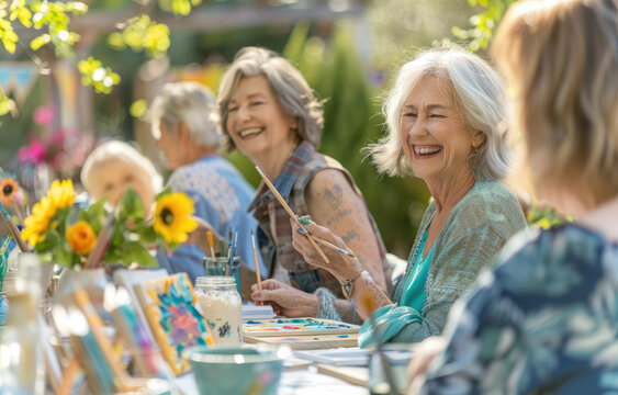 happy senior women having fun painting at an outdoor art class in the garden of their community, summer time