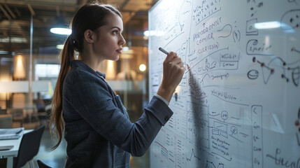 A focused business lady sketching a detailed promotion mix diagram on a large whiteboard, her concentration evident as she outlines each component, in a well-lit office setting. - obrazy, fototapety, plakaty