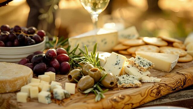 A closeup of assorted cheeses olives and crackers on a rustic wooden ting board at a vineyard picnic spread.