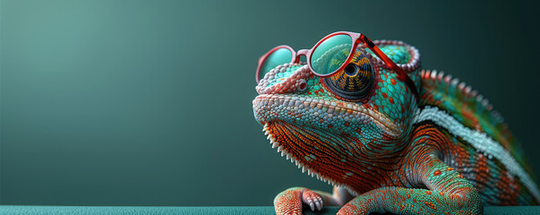 A chameleon wearing sunglasses on a solid color background in the style of cool photography with high definition quality as a wallpape. Created with Ai - obrazy, fototapety, plakaty