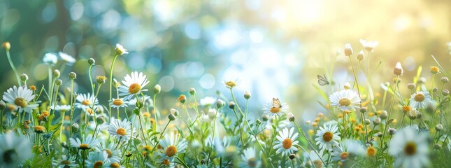 Sunlit field of daisies with fluttering butterflies. Chamomile flowers on a summer meadow in nature, panoramic landscape.