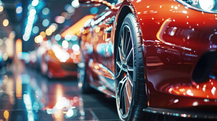 New Cars on Display with Bokeh Effect - obrazy, fototapety, plakaty