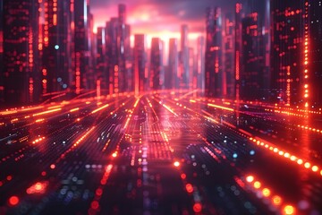 Naklejka premium Futuristic D Rendered Financial Data Visualization with Vibrant Neon Hues and Intricate Big Data Infographics