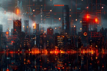 Striking Futuristic Cityscape with Stylized Financial Data Visualization and Innovative Fintech Atmosphere