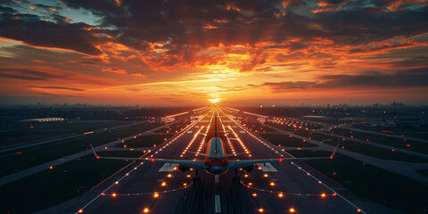 Airplane prepares for takeoff at dawn with a stunning sunrise illuminating the airport runway.