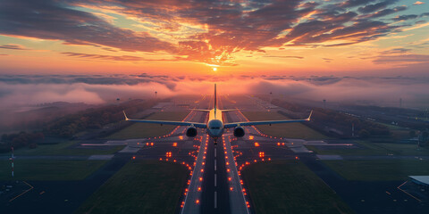 Airplane on runway heading into a breathtaking sunrise above the clouds.