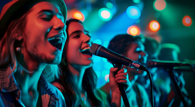 A group of friends share the passion of singing under vibrant stage lights.