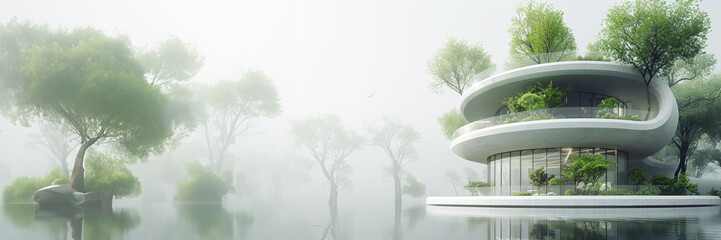 Mist-shrouded modern architecture blends with nature in an ethereal lakeside morning. Panoramic image with copy space.