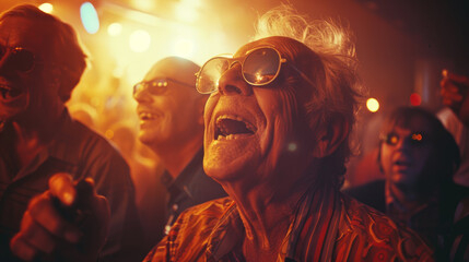 Golden light illuminates an old man's vibrant party spirit, reflecting his zest for life.