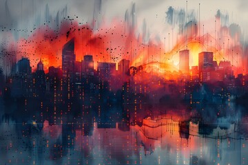 Vibrant Watercolor Cityscape Reflecting the Dynamic Movement and Trends of the Digital Market - obrazy, fototapety, plakaty