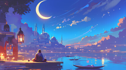 Night city with bright moon Ramadan, Muslim, anime art background