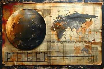 Weathered Vintage World Map Collage with Scribbled Trading Charts and Tangled Yarns Reflecting a Steampunk Industrial Aesthetic