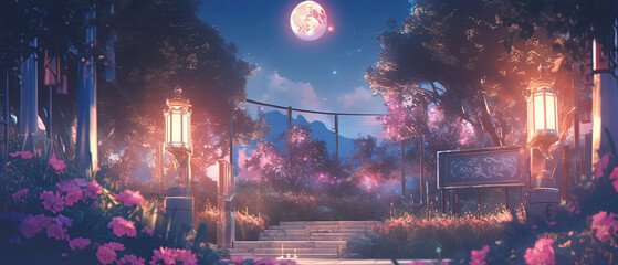 anime scenery of a garden with a stairway leading to a full moon - obrazy, fototapety, plakaty