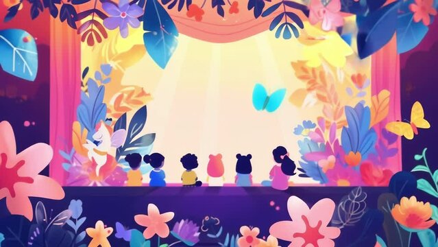 Children sit in front of a stage decorated with colorful flowers and butterflies watching as a fairy and her unicorn puppet friends come to life.