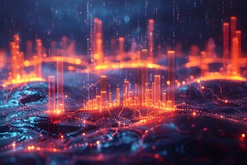 Fototapeta premium Soaring Peaks and Tumultuous Tides in a Glowing Metropolis of Finance and Data Visualization