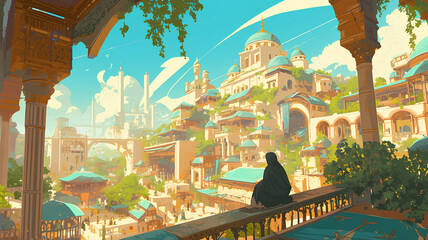 City with beautiful atmosphere of Ramadan, Muslim, anime art background