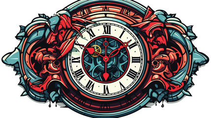Sticker of a tattoo style ticking clock flat cartoo - obrazy, fototapety, plakaty