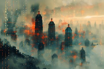 Surreal Trading Chart Landscape Looming Candlesticks and Intricate Infographics in a Misty Dreamlike Digital Cityscape - obrazy, fototapety, plakaty