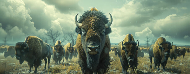 A herd of bison in the wilderness, with one very large and powerful animal leading them all. - obrazy, fototapety, plakaty