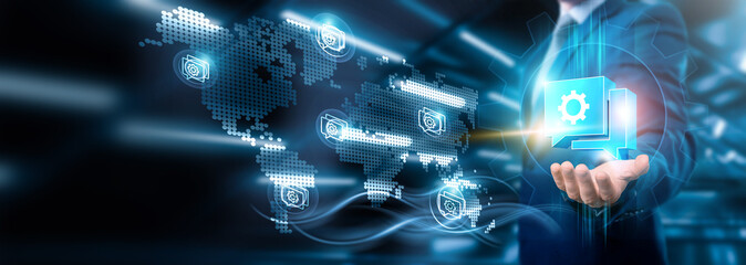 Businessman holding IT consulting connections on digital networking and cloud services, business strategy and cybersecurity solutions, innovative technologies, technology, and global implementation.