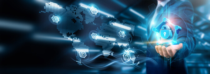 Businessman holding network security connection on digital networking and cybersecurity, Business strategy and risk management, data protection, Technology and global connectivity.