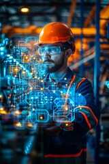 Engineer with Augmented Reality Interface in Factory.