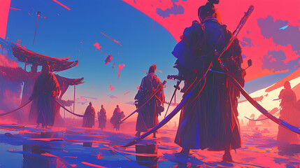 group of samurai standing carrying katana, anime style samurai warriors