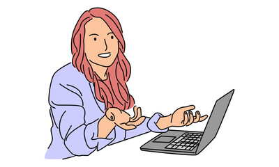 line art color of businesswoman with laptop - obrazy, fototapety, plakaty