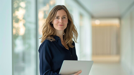 Professional Confident Businesswoman with Laptop in Modern Office Corridor..