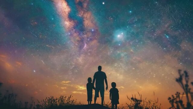 A man and two children are standing on a hill at night, looking up at the stars 4K motion