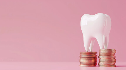 Ceramic model of a human tooth and a stack of coins, pink background copy space. Expensive dental services and professional medical treatment