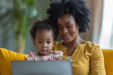 An African American mother and daughter sit together, staring intently at the laptop screen. A woman with a child engrossed in studying or having fun on the device