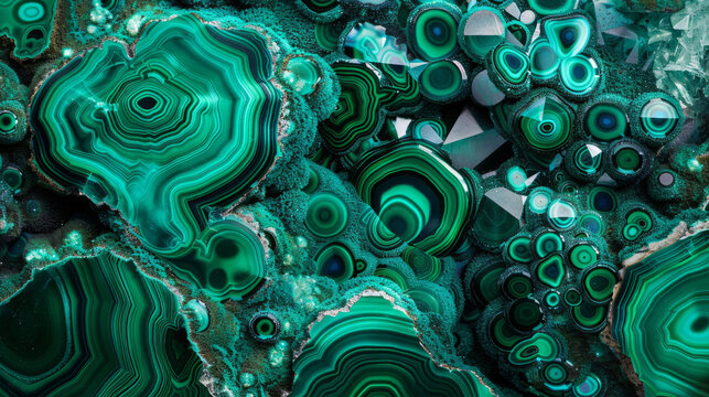 Spectacular detailed shot capturing the intricate geological patterns and vibrant green hues of malachite mineral stone formations
