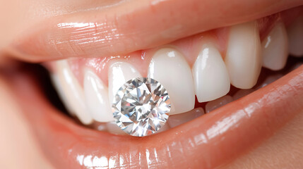 Teeth decoration, diamond or rock crystal on the snow-white teeth of girl with beautiful lips and...