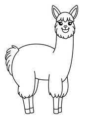 Colouring page Cartoon llama with a smiling expression black line art for kids