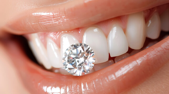 Teeth decoration, diamond or rock crystal on the snow-white teeth of girl with beautiful lips and an open mouth. Concept of beauty, fashion, dental services