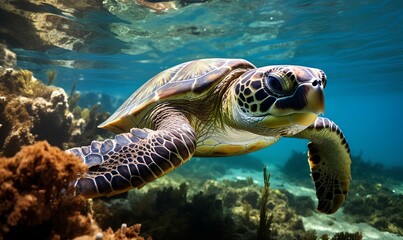 Green sea turtle swimming in the coral reef. Underwater photo