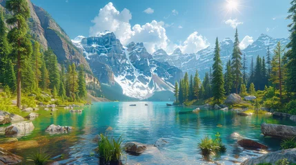 Fototapeten A breathtaking landscape of the Canadian Mountains, with snowcapped peaks and lush green forests surrounding an emerald blue lake. Created with Ai © design