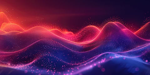 Zelfklevend Fotobehang Fractale golven Abstract digital background with red and purple glowing dots forming wave patterns. Created with Ai