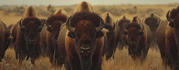 Foto op Plexiglas A herd of bison in the wilderness, with one very large and powerful animal leading them all. © Kien
