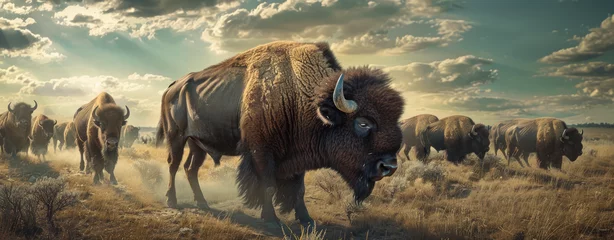 Poster A herd of bison in the wilderness, with one very large and powerful animal leading them all. © Kien